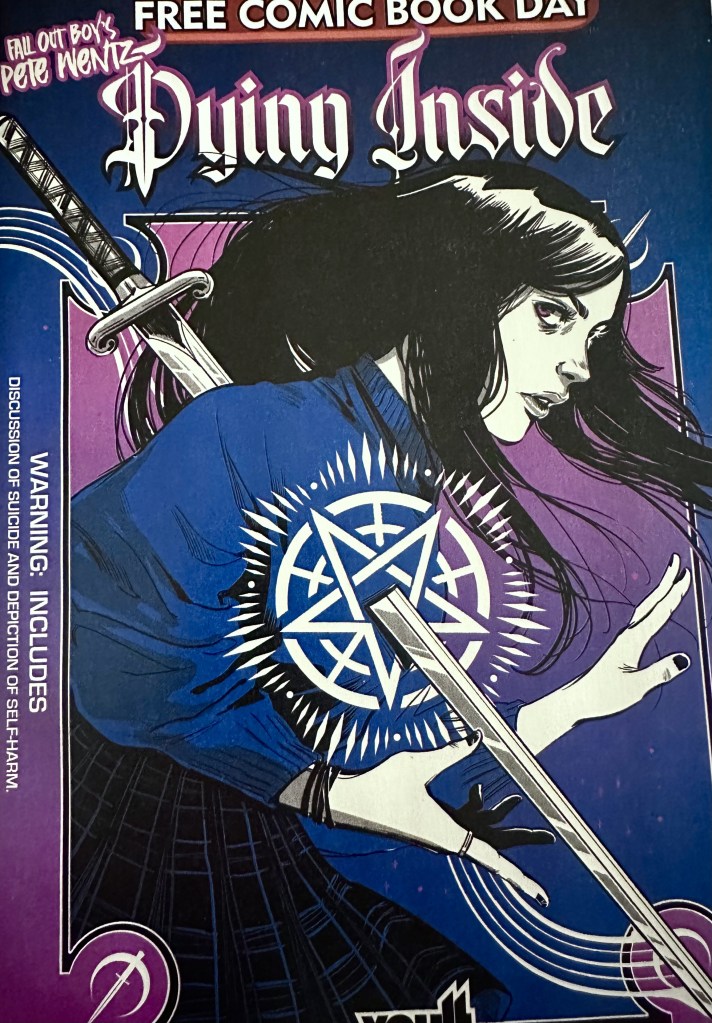 Cover of Dying Inside which features a brunette girl with a sword through her and an occult like start at the exit wound. There is a warning which says this comic includes discussion of suicide and depiction of self-harm